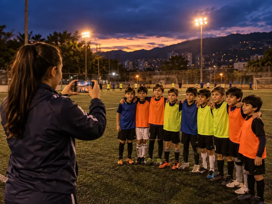 Entrenadora tomando la foto del equipo para pasar asistencia